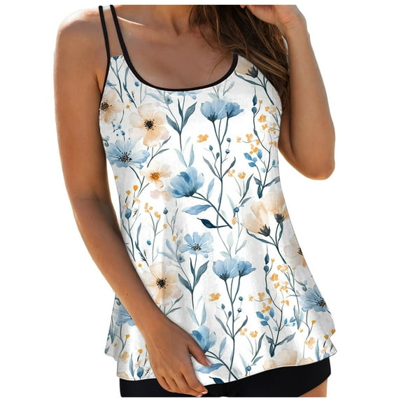 TTUHYWXI Tankini Swimsuits for Women Full Coverage Tank Top Swim Suit Vintage Floral Print Tummy Control Bathing Suits (Beige, XXL)