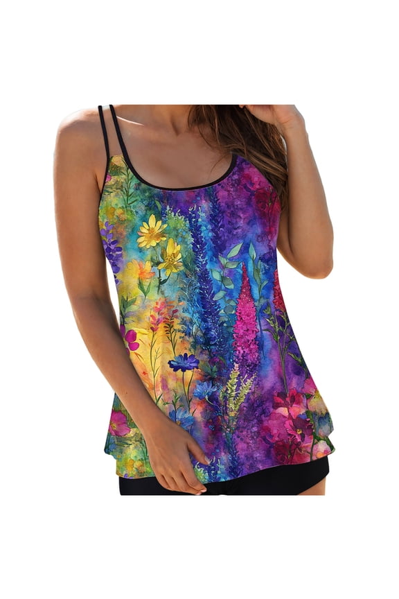 Tankini Swimsuits for Women Full Coverage Tank Top Swim Suit Vintage Floral Print Tummy Control Bathing Suits (Light Purple, S)