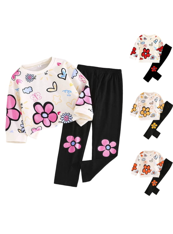 Toddler Girl Clothes Floral Printed Sweatshirt Pants 2Pcs Fall Outfits for Little Girls Clothing Set Size 3-7 Years (Orange, 3-4 Years)