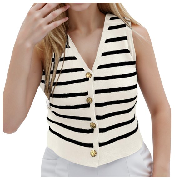 TTUHYWXI Vest Tops for Women 2025 Fall Outfits Striped Sweaters Button Up Casual Shirts Blouses Jacket Fashion Clothes (White, M)