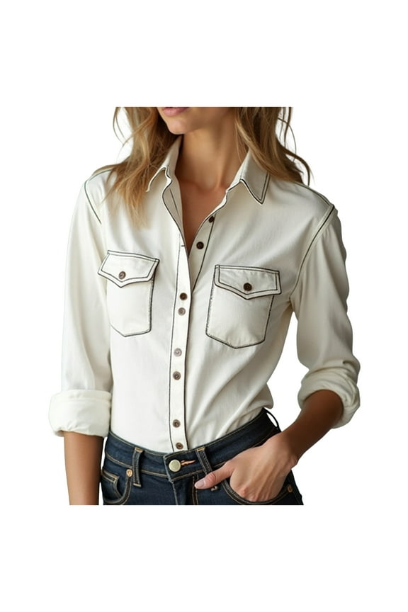 Western Shirts for Women Cotton Long Sleeve Shirts with Snap Buttons Plaid Shirts (White, S)