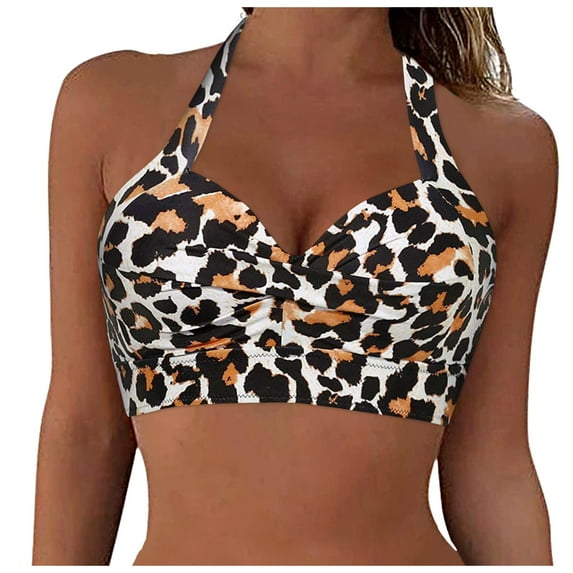 TTUHYWXI Women Bikini Top Push Up Swim Top Halter Retro Bathing Suit Top Padded Swimsuit Top Only,Khaki M
