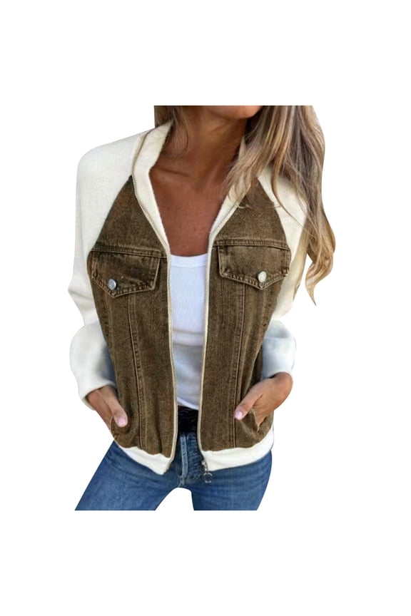 Women Bomber Jacket Zip Up Denim Patchwork Varsity Baseball Denim Jacket (Army Green, L)