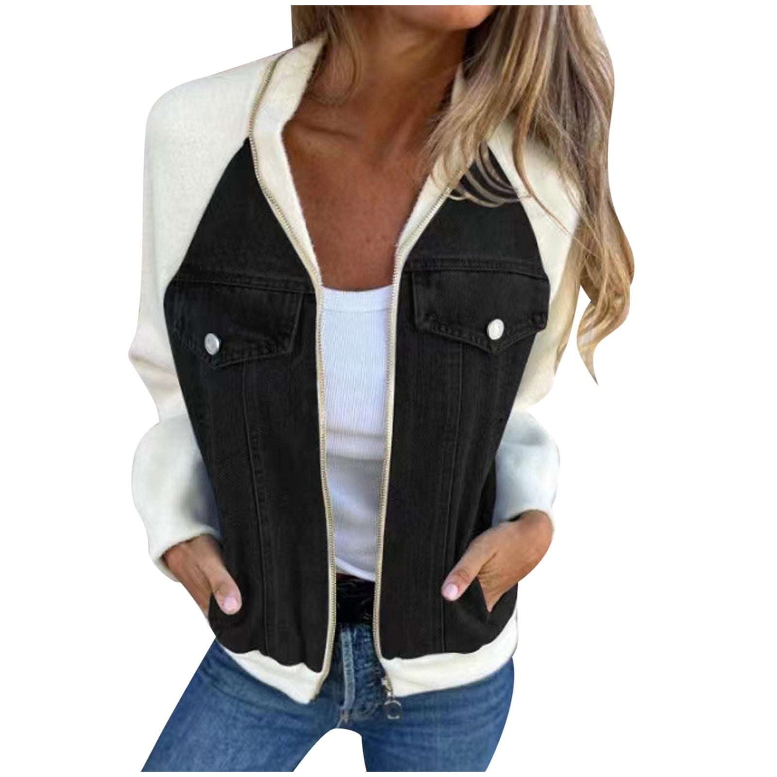 TTUHYWXI Women Bomber Jacket Zip Up Denim Patchwork Varsity