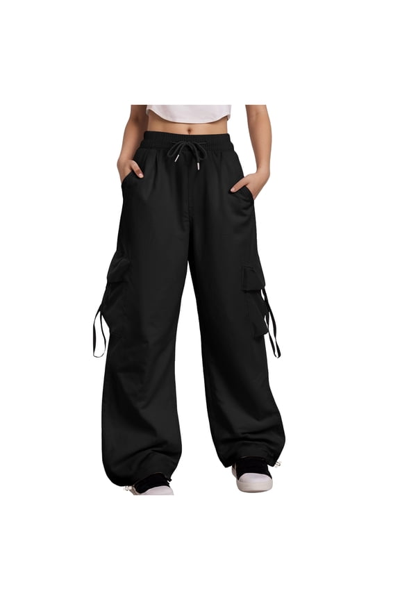Women Cargo Pants Baggy Y2K Clothing Multi Pockets High Waist Loose Straight Leg Pants Vintage Grunge Aesthetic Clothes (Black, M)