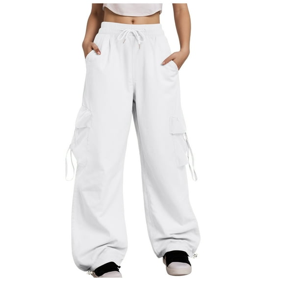 TTUHYWXI Women Cargo Pants Baggy Y2K Clothing Multi Pockets High Waist Loose Straight Leg Pants Vintage Grunge Clothes (White, 4XL)