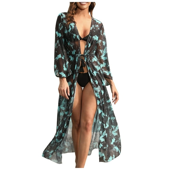 TTUHYWXI Women Chiffon Summer Beach Bikini Kimono Bathing Suit Cover Ups Robe Loose Geometry Print Floral Duster for Swimwear (Black, M)