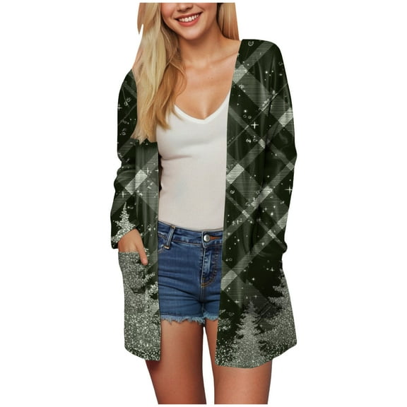 TTUHYWXI Women Christmas Cardigan Xmas Tree Plaid Shirt Knitting Long Sleeve Open Front Outwear Knitted Sweaters Coat Holiday Top (Army Green, M)