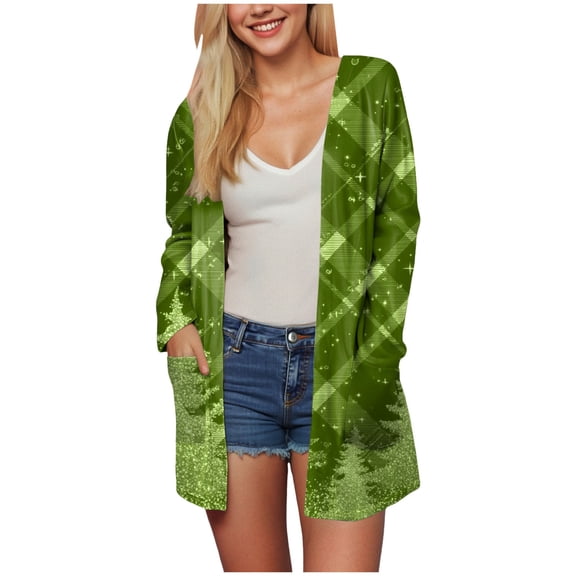 TTUHYWXI Women Christmas Cardigan Xmas Tree Plaid Shirt Knitting Long Sleeve Open Front Outwear Knitted Sweaters Coat Holiday Top (Green, S)