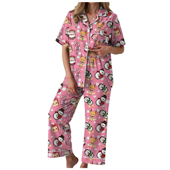TTUHYWXI Women Christmas Lounge Pajama Set Satin Long Sleeve Button Down Shirt Pants Set 2 Piece Santa Print Pjs Outfits (Pink, XL)