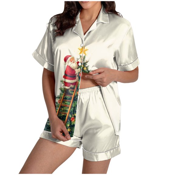 TTUHYWXI Women Christmas Lounge Set Satin Graphic Print 2 Piece Pajamas Set Short Sleeve Button Down Shirt Pj Shorts Sleepwear (Beige, S)