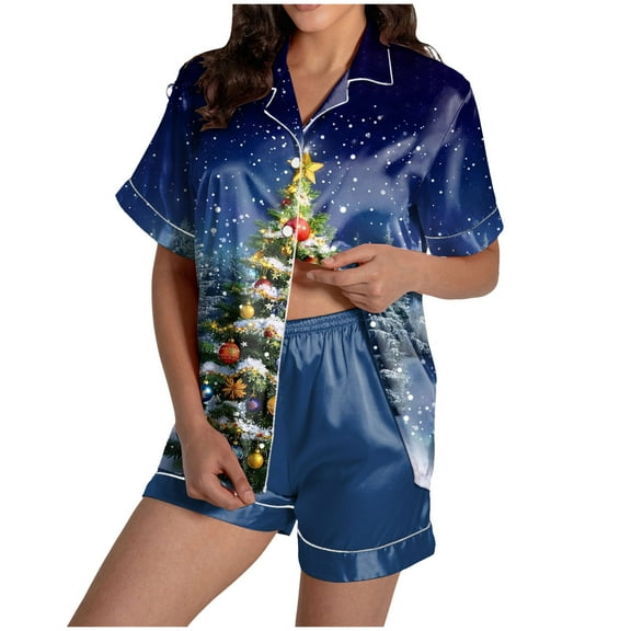 TTUHYWXI Women Christmas Lounge Set Satin Graphic Print 2 Piece Pajamas Set Short Sleeve Button Down Shirt Pj Shorts Sleepwear (Dark Blue, L)