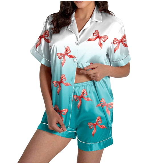 TTUHYWXI Women Christmas Lounge Set Satin Graphic Print 2 Piece Pajamas Set Short Sleeve Button Down Shirt Pj Shorts Sleepwear (Sky Blue, L)