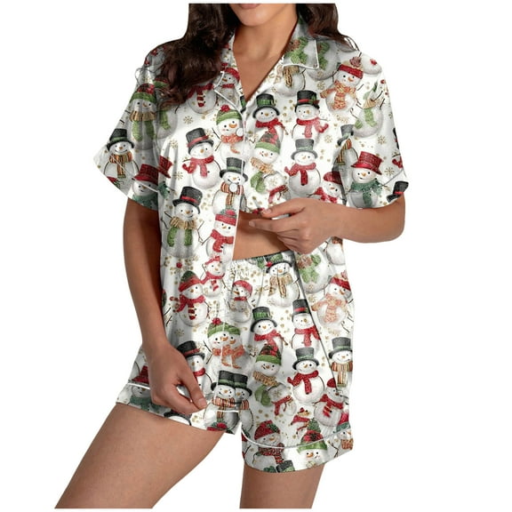 TTUHYWXI Women Christmas Pajamas Shorts Set Cute Nutcracker Button Down Pj Set Silk Satin 2 Piece Short Sleeve Xmas Jammies (White, S)
