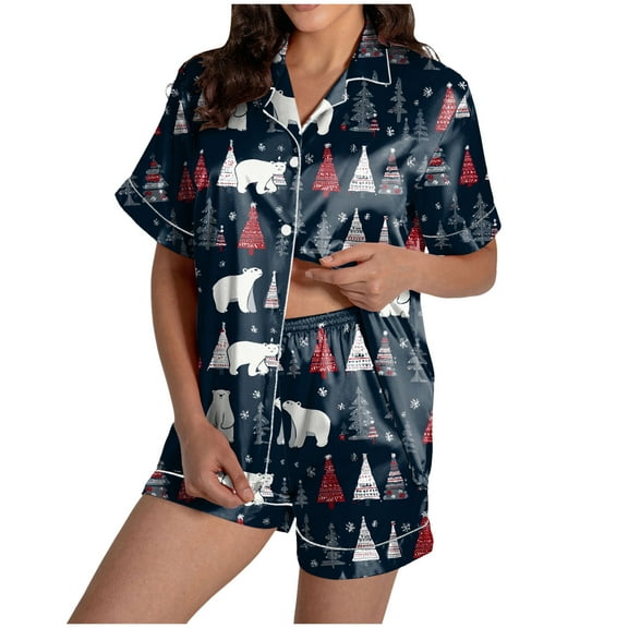 TTUHYWXI Women Christmas Pajamas Shorts Set White Christmas Pajamas Short Sleeves Shirt and Shorts 2 Piece Pjs Sleepwear (Navy, L)