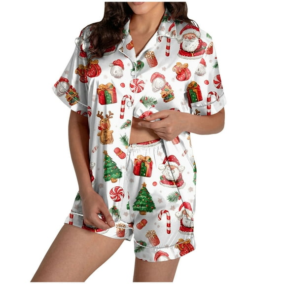 TTUHYWXI Women Christmas Pajamas Shorts Set White Christmas Pajamas Short Sleeves Shirt and Shorts 2 Piece Pjs Sleepwear (White, XXL)
