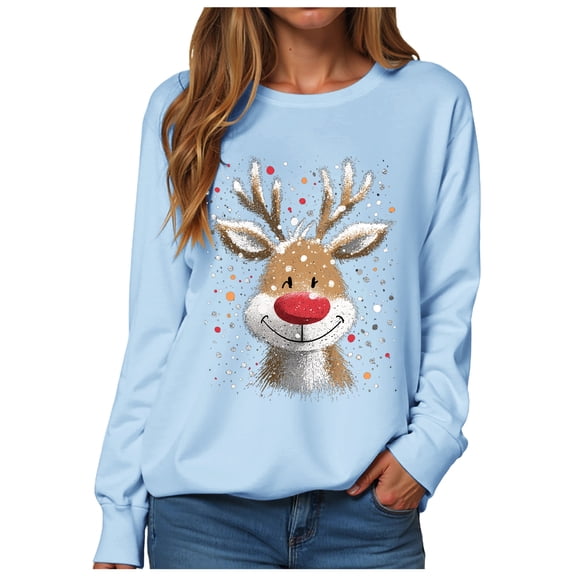 TTUHYWXI Women Christmas Sweatshirt Xmas Fleece Warm Vacation Tunic Sweater Shirt Christmas Graphic Pullover Top (Sky Blue, L)