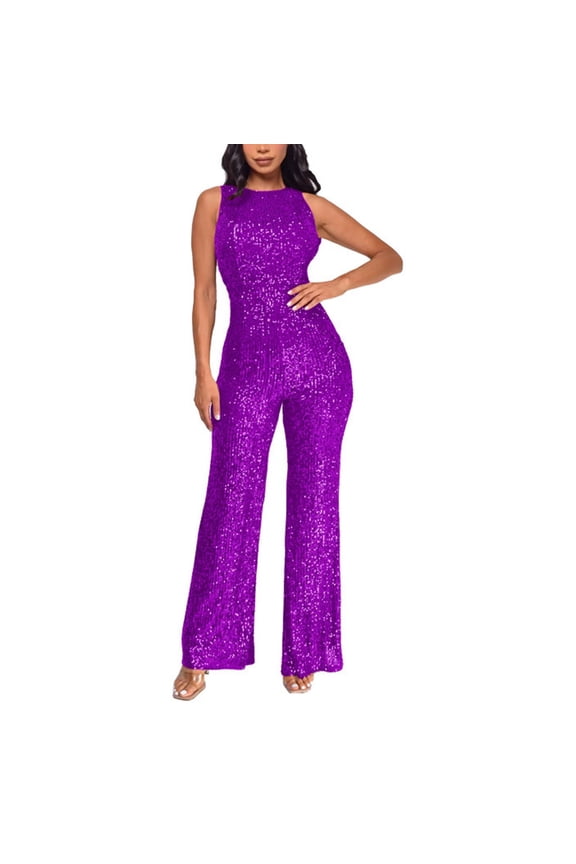 Women Cocktail Party Romper Fashion Sequin Clubwear Jumpsuit Sexy Off Shoulder Sleeveless Bodycon Rompers Overalls (Purple, XL)