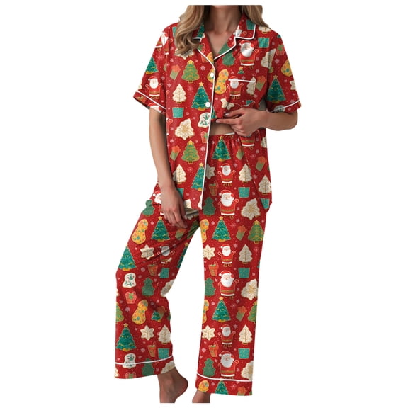 TTUHYWXI Women Cute Christmas Pajamas Sets Bow Santa Print Long Sleeve Shirt Pants 2 Piece Pj Set Pajama Party Loungewear (Watermelon Red, XXL)