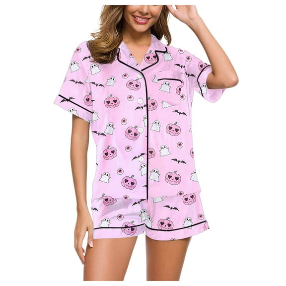 TTUHYWXI Women Cute Two Piece Halloween Pajama Set Y2K Bow Printed Satin Silky Short Sleeve Button Shirts Wide Leg Shorts Pjs Loungewear (Pink, L)