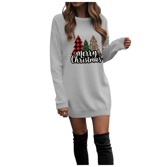 TTUHYWXI Women Dress Sweatshirt Christmas Long Sleeve Tops Santa Gnome Printed Pullover Loose Plus Size T-Shirt Blouse (Grey, M)