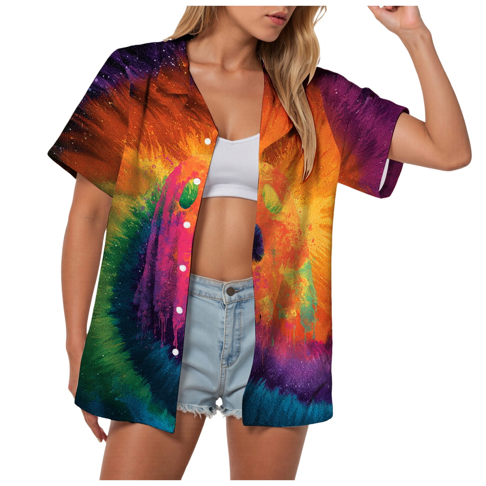 TTUHYWXI Women Halloween Button Up Shirt Hallowmas Top Beach Print V