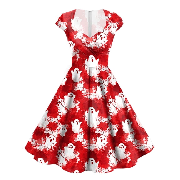 TTUHYWXI Women Halloween Dress Ghost Pumpkin Scary Bloody Print Retro 1950s Cap Sleeve A Line Cocktail Party Dress (Watermelon Red, S)