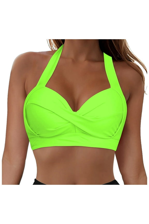 Women Halter Bikini Tops Push Up Bathing Suit Top V Neck Full Coverage Swimsuit Top Only (Green, XXL)