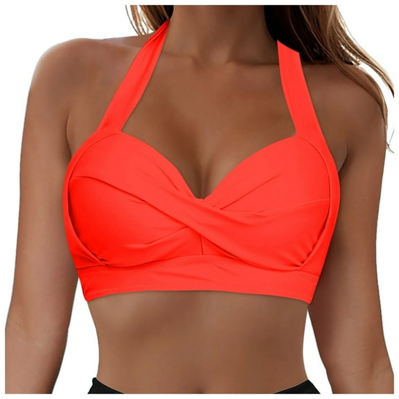 TTUHYWXI Women Halter Bikini Tops Push Up Bathing Suit Top V Neck Full Coverage Swimsuit Top Only (Watermelon Red, XXL)