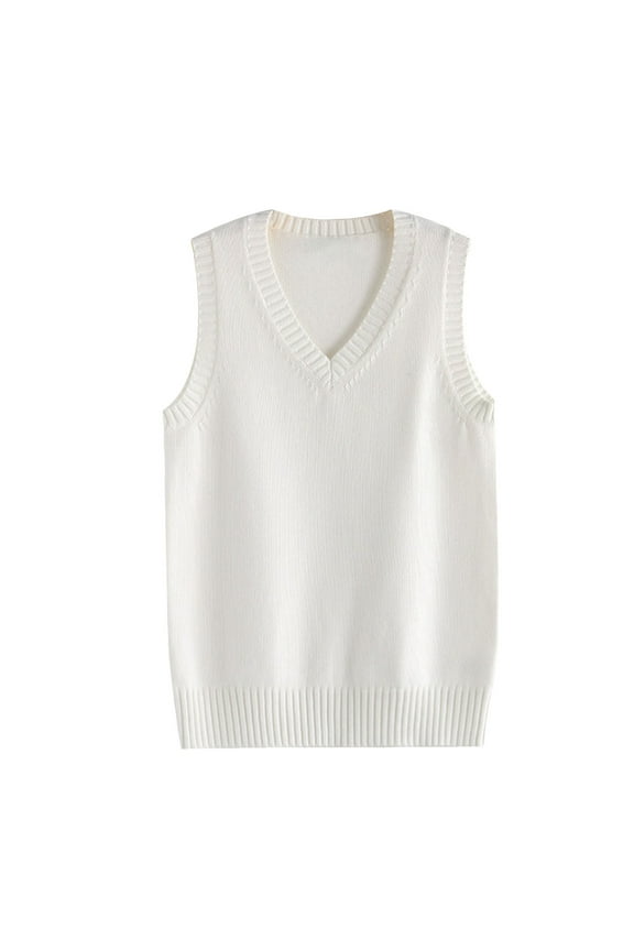 Women Knitted Cotton V-Neck Vest JK Uniform Pullover Sleeveless Sweater School Cardigan (White, M)