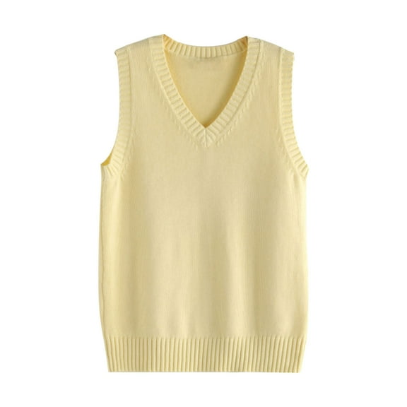 TTUHYWXI Women Knitted Cotton V-Neck Vest JK Uniform Pullover Sleeveless Sweater School Cardigan (Yellow, 3XL)