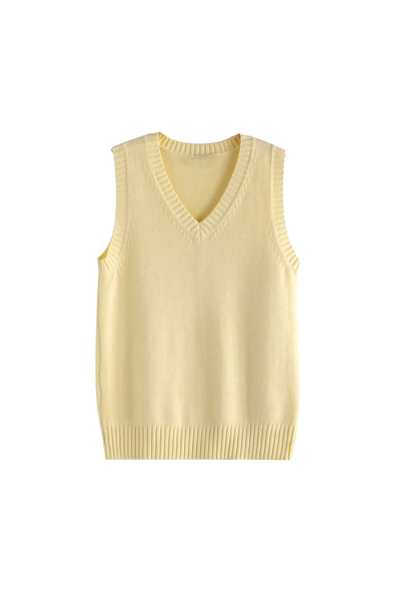 Women Knitted Cotton V-Neck Vest JK Uniform Pullover Sleeveless Sweater School Cardigan (Yellow, S)