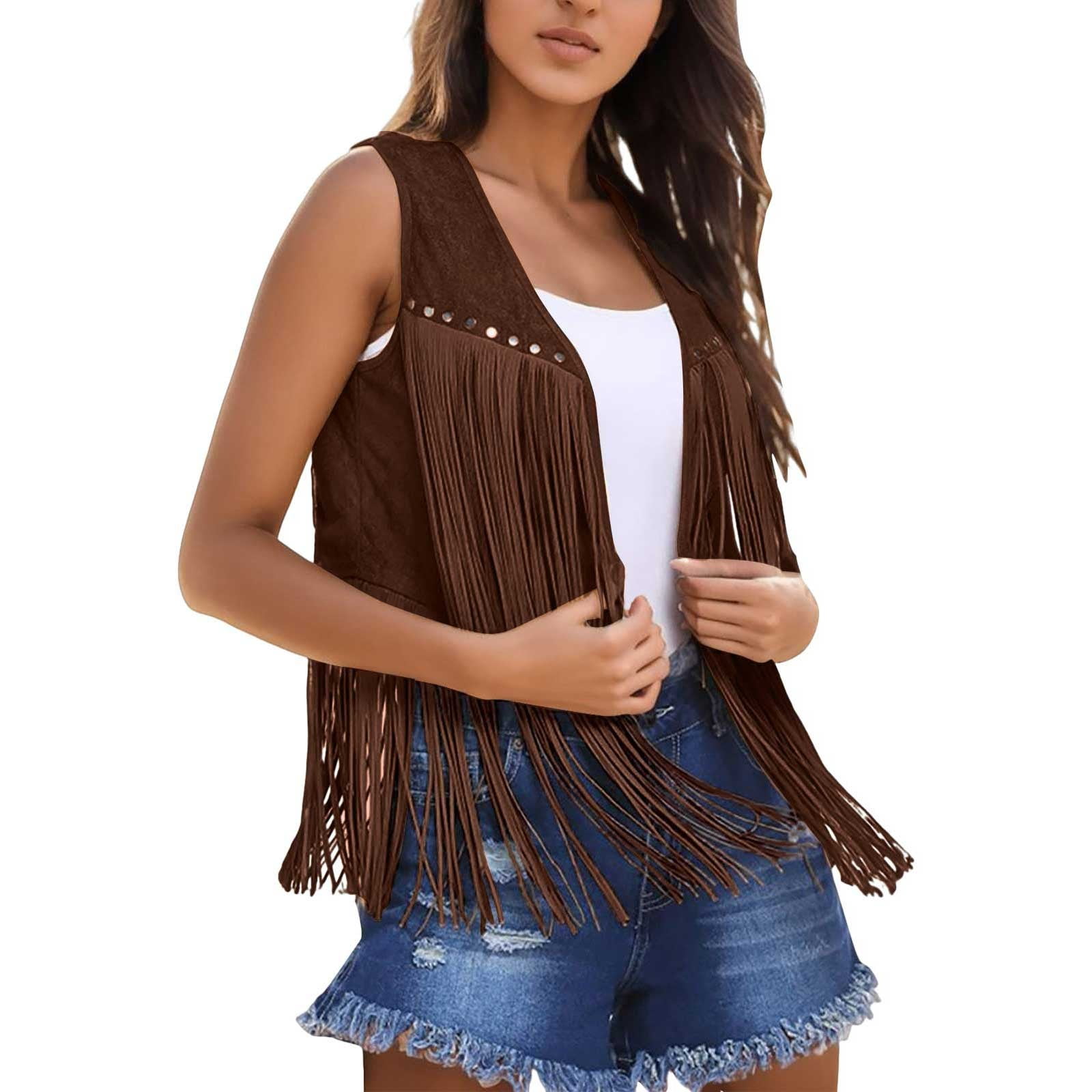 トップス NINE Fringe leather vest TTUHYWXI Women Leather Fringe Vest 70s Hippie Sleeveless