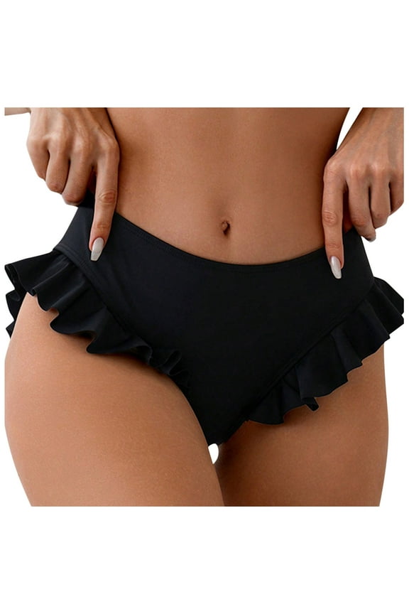 Women Mid Waist Bikini Bottom Swimming Trunks Ruffle Trim Swimsuit Swim Briefs Bathing Suit Bottom (Black, M)