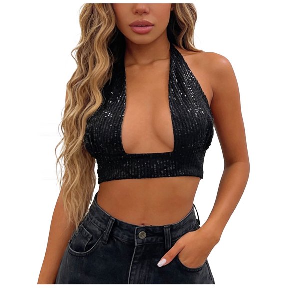TTUHYWXI Women Reflective Metallic Tank Top Bustier Spaghetti Strap Crop Top Tight Sleeveless Tube Top Vest Blouse (Black, XS)