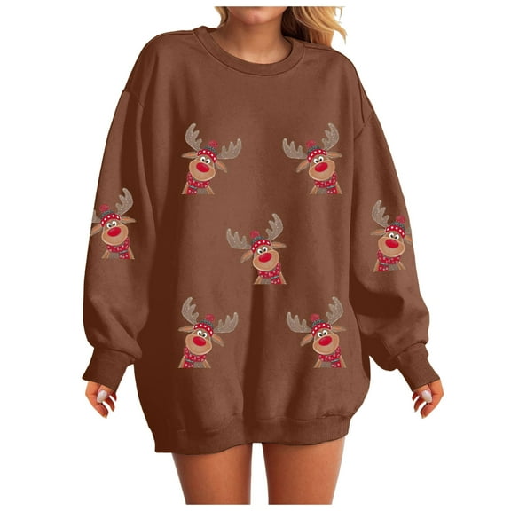 TTUHYWXI Women Santa Claus Sweatshirt Christmas Crewneck Pullover Tops Long Sleeve Oversized Graphic Shirts Xmas Holiday (Brown, S)