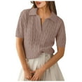 thumbnail image 1 of TTUHYWXI Women Short Sleeve Sweater Tops Summer V Neck Cable Knit Pullover Casual Lapel Shirts (Khaki, S), 1 of 5