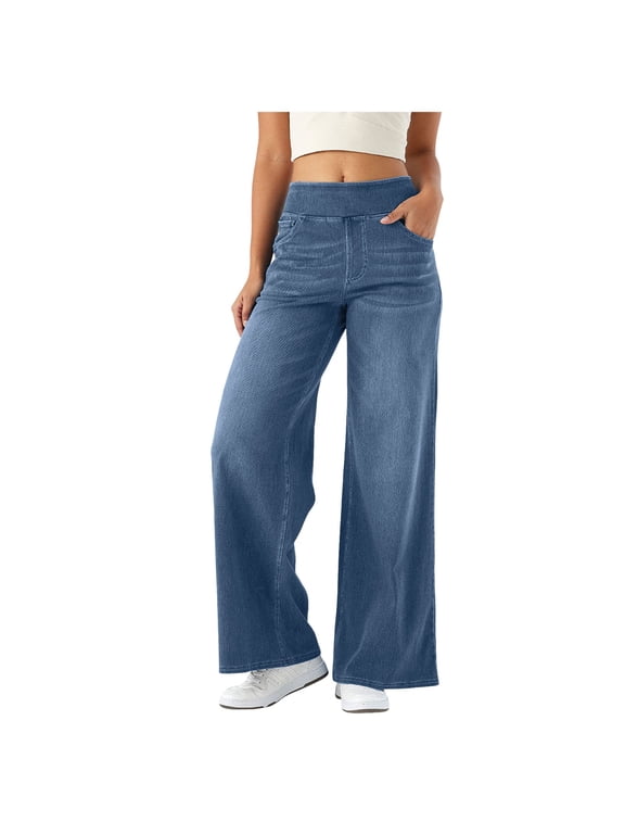 Women Sweatpant Jeans Sweatpants That Look Like Jeans High Waisted Stretchy Pull On Wide Leg Denim Pants with Pockets (Blue, S)