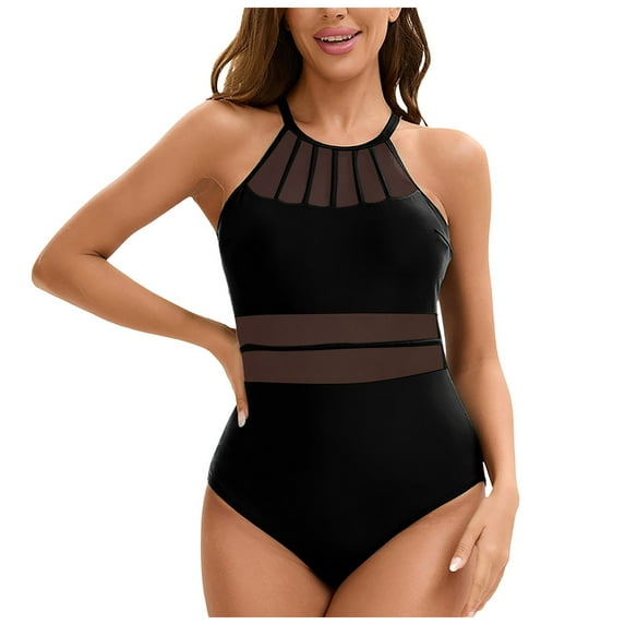 TTUHYWXI Women Tummy Control One Piece Swimsuit Modest Bathing Suit Full Coverage High Neck Swimwear (Black, L)