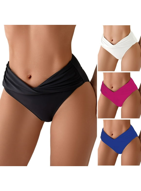 Women Twist Bikini Bottom Moderate High Cut Bathing Suit Bottoms Ruched Swimsuit Bottom (Black, L)