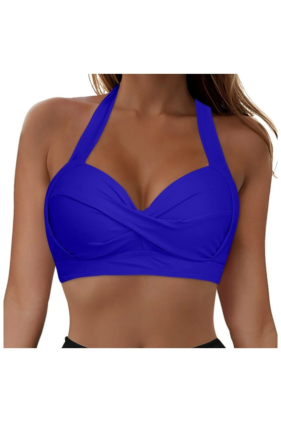 Women Underwire Full Coverage Bikini Top Only Criss Cross Push Up Swim Crop Top Tie Back Bathing Suit (Blue, XL)