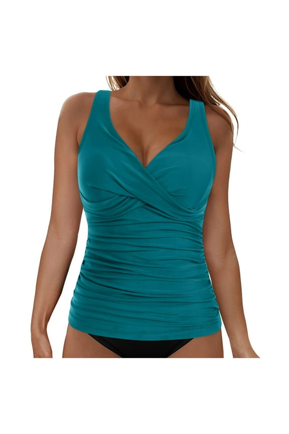 Women Underwire Tankini Top Only Twist V Neck Swimsuits for Big Busted Ruched Tummy Control Bathing Suits Top (Dark Green, XXL)