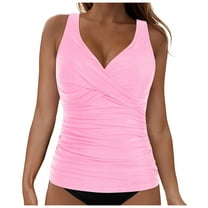 TTUHYWXI Women Underwire Tankini Top Only Twist V Neck Swimsuits for Big Busted Ruched Tummy Control Bathing Suits Top (Pink, L)