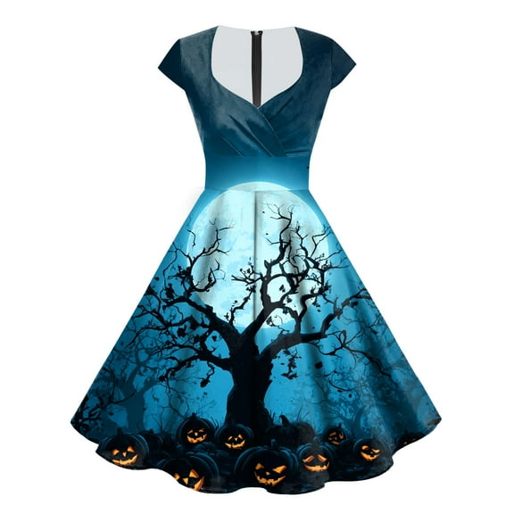 TTUHYWXI Women's 1950s Retro Swing Dresses 2025 Halloween Ghost Pumpkin Print Cocktail Party Cap Sleeve V Neck Zip up Dress (Blue, M)