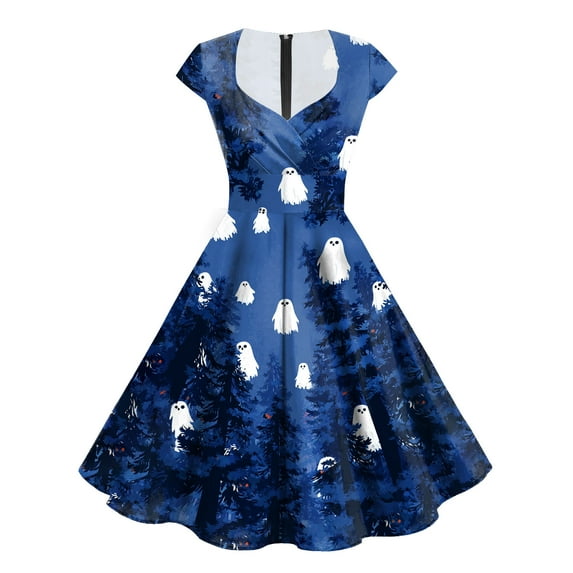 TTUHYWXI Women's 1950s Retro Swing Dresses 2025 Halloween Ghost Pumpkin Print Party Cap Sleeve V Neck Zip up Dress (Dark Blue, S)
