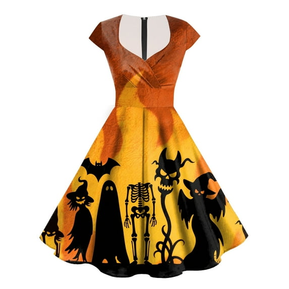 TTUHYWXI Women's 1950s Retro Swing Dresses 2025 Halloween Ghost Pumpkin Print Party Cap Sleeve V Neck Zip up Dress (Orange, XXL)