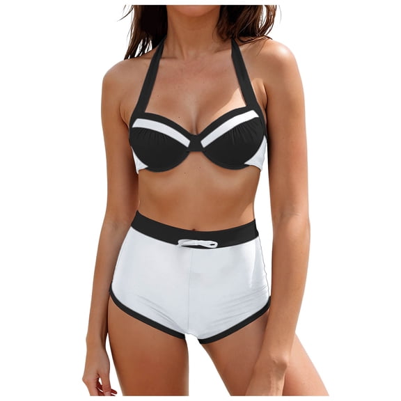 TTUHYWXI Women's 2 Piece Swimsuit Color Block Halter Push Up Bikini Set Shorts Bathing Suits (White, M)