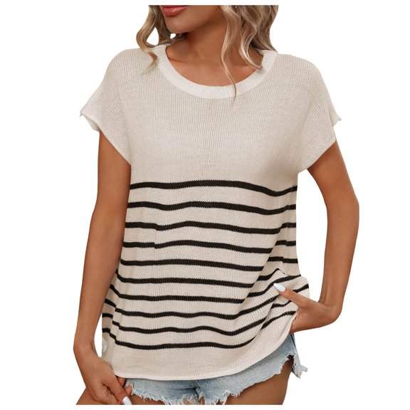 TTUHYWXI Women's 2025 Sleeveless Mock Neck Striped Sweater Vest Cap Sleeve Ribbed Knit Pullover Tank Tops (Beige, M)