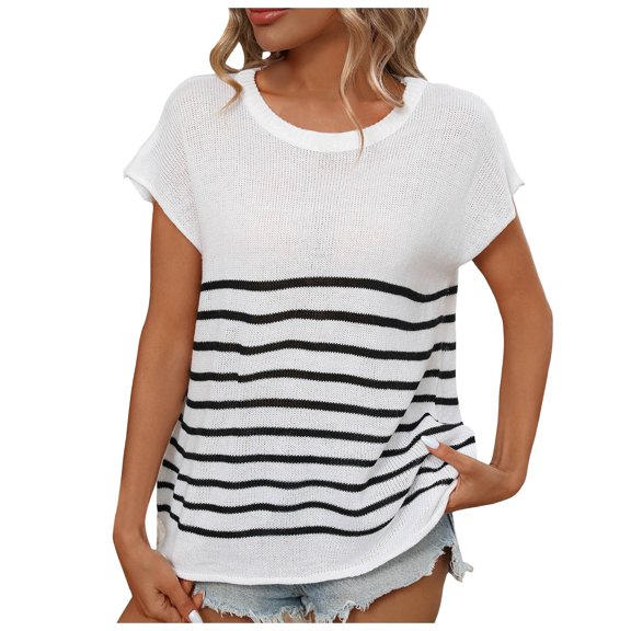 TTUHYWXI Women's 2025 Sleeveless Neck Striped Sweater Vest Cap Sleeve Ribbed Knit Pullover Tank Tops (White, S)