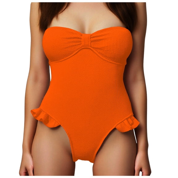 TTUHYWXI Women's Bandeau Ruffle Tummy Control One Piece Swimsuit Slimming Ruched Strapless Bathing Suit (Orange, XL)